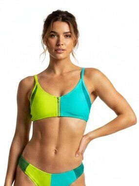 Chromat Green Color Block Zip Triangle Bikini Top, S